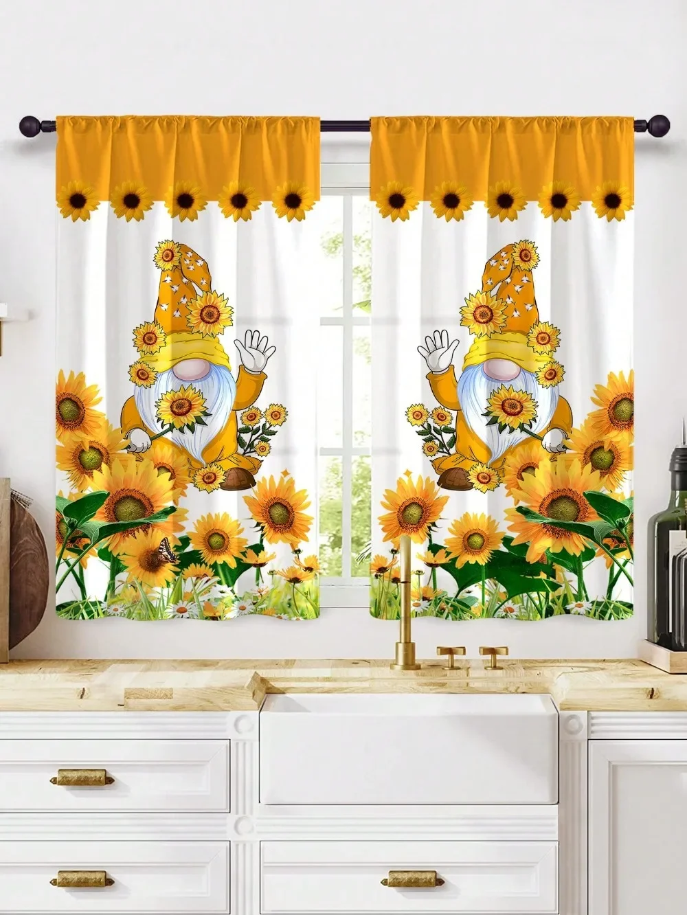 Commercial Kitchen Canopy - 2Pcs Checkered Sunflower Printed Window Curtains
